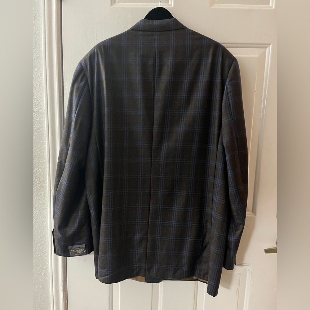 Trussini Italy Wool Gray Plaid Dual Vent Stitched Lapel Blazer Sport Jacket - Picture 2 of 15